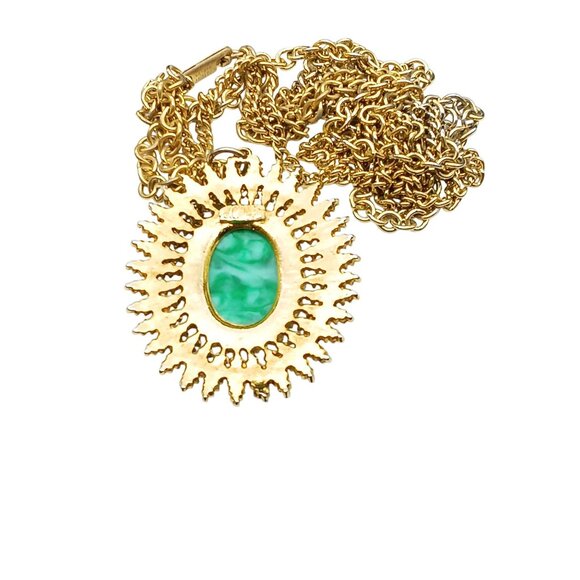 Vintage Gold-Tone Sunburst Pendant Necklace with Green Marbled Cabochon & Long - Picture 4 of 4